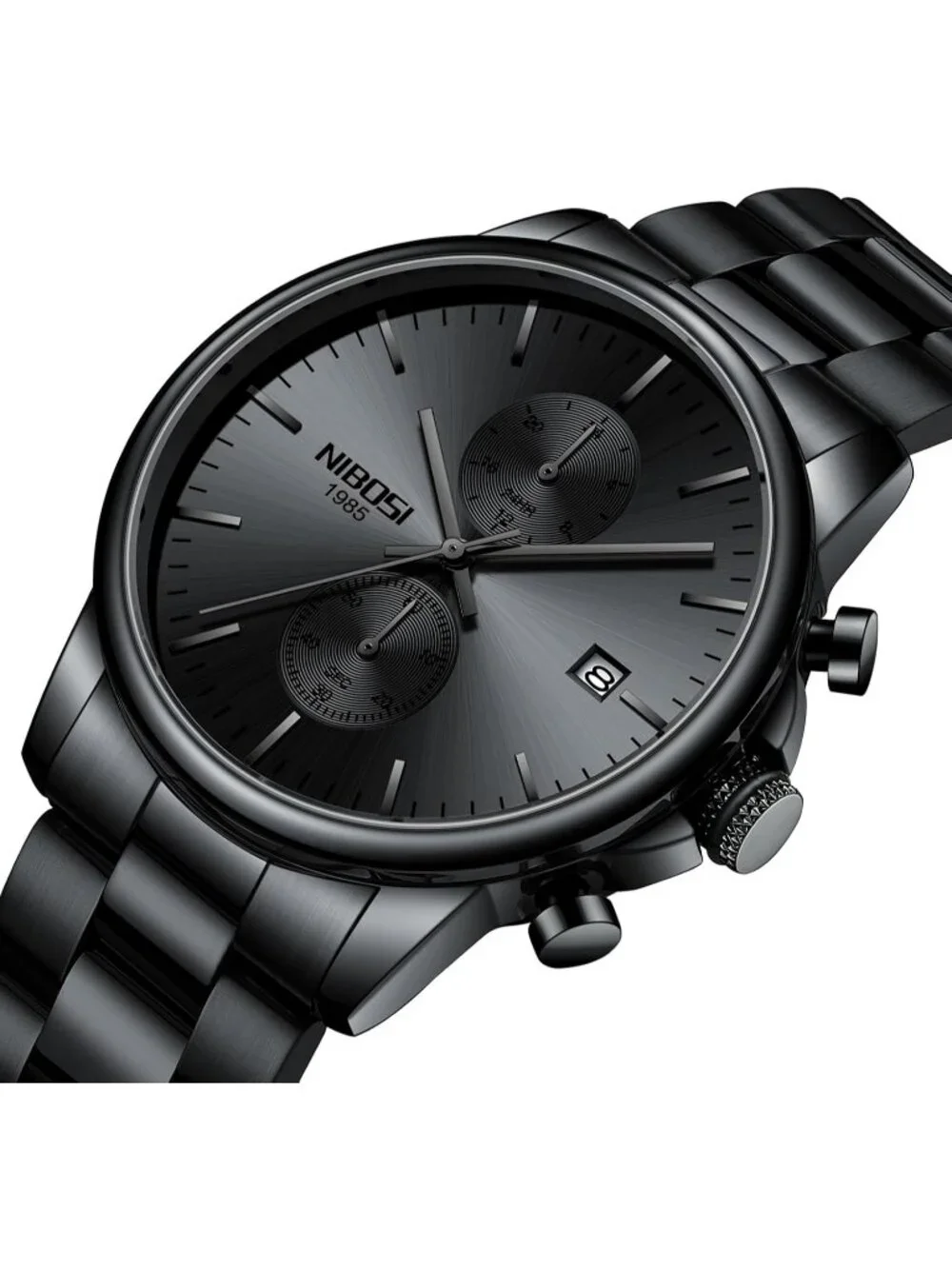 Men's All Black Stainless Steel Quartz Waterproof Day Date Casual Wrist Watch
